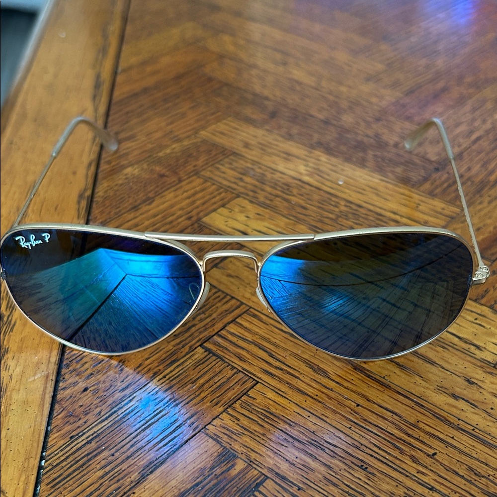 Ray-Ban Gold Frame Sunglasses with Reflective Blue Lenses